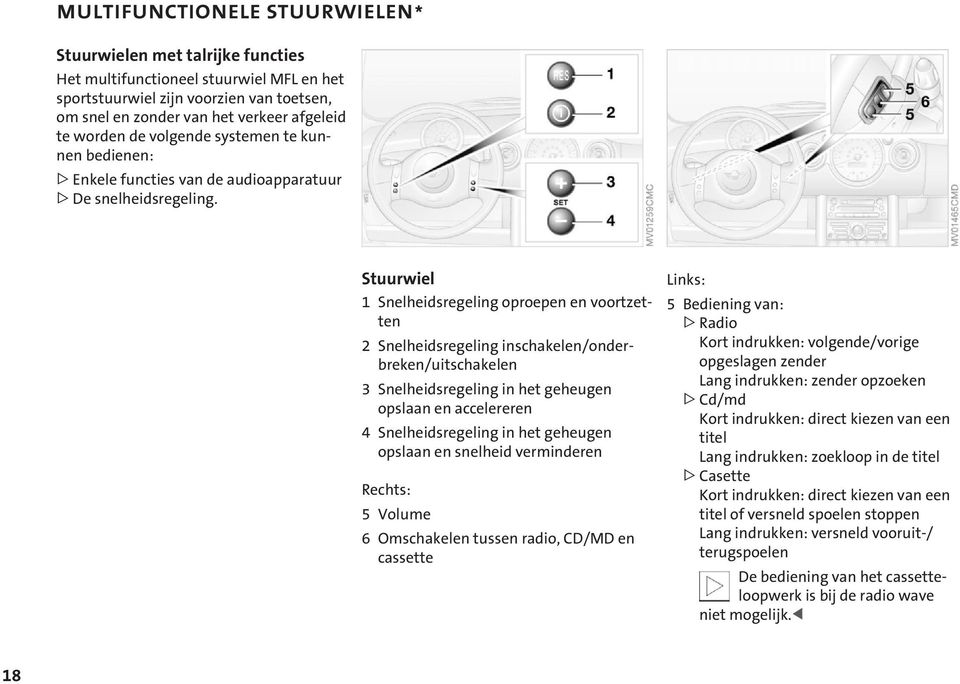 Stuurwiel 1 Snelheidsregeling oproepen en voortzetten 2 Snelheidsregeling inschakelen/onderbreken/uitschakelen 3 Snelheidsregeling in het geheugen opslaan en accelereren 4 Snelheidsregeling in het