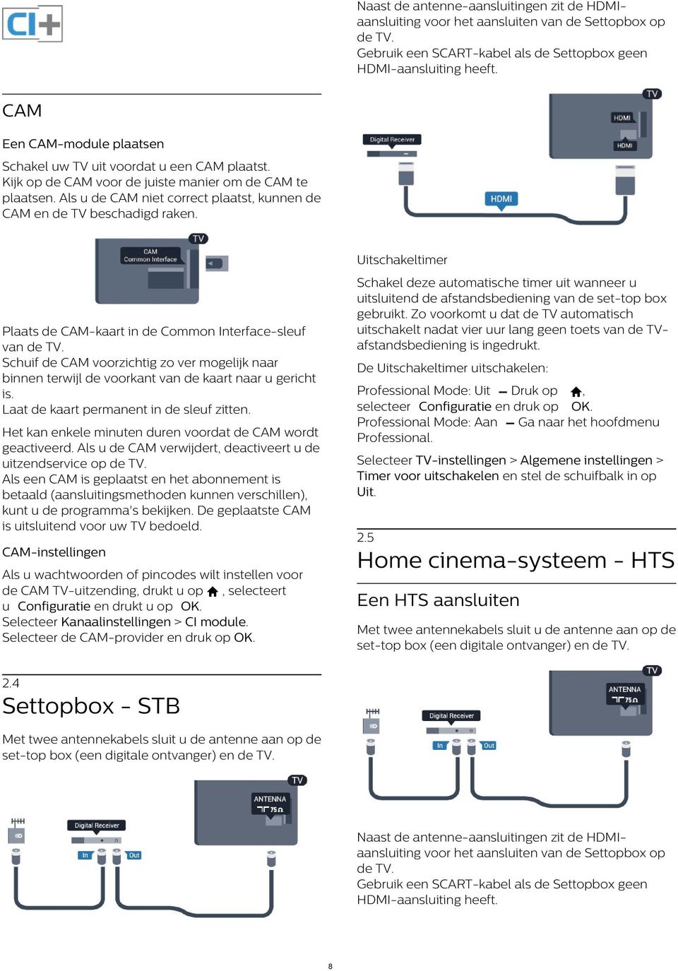 Als u de CAM niet correct plaatst, kunnen de CAM en de TV beschadigd raken. Uitschakeltimer Schakel deze automatische timer uit wanneer u uitsluitend de afstandsbediening van de set-top box gebruikt.