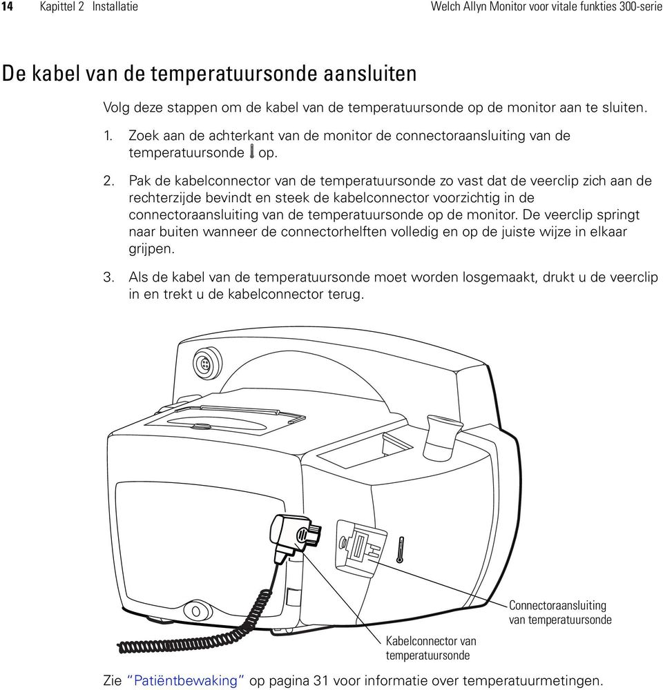 Pak de kabelconnector van de temperatuursonde zo vast dat de veerclip zich aan de rechterzijde bevindt en steek de kabelconnector voorzichtig in de connectoraansluiting van de temperatuursonde op de