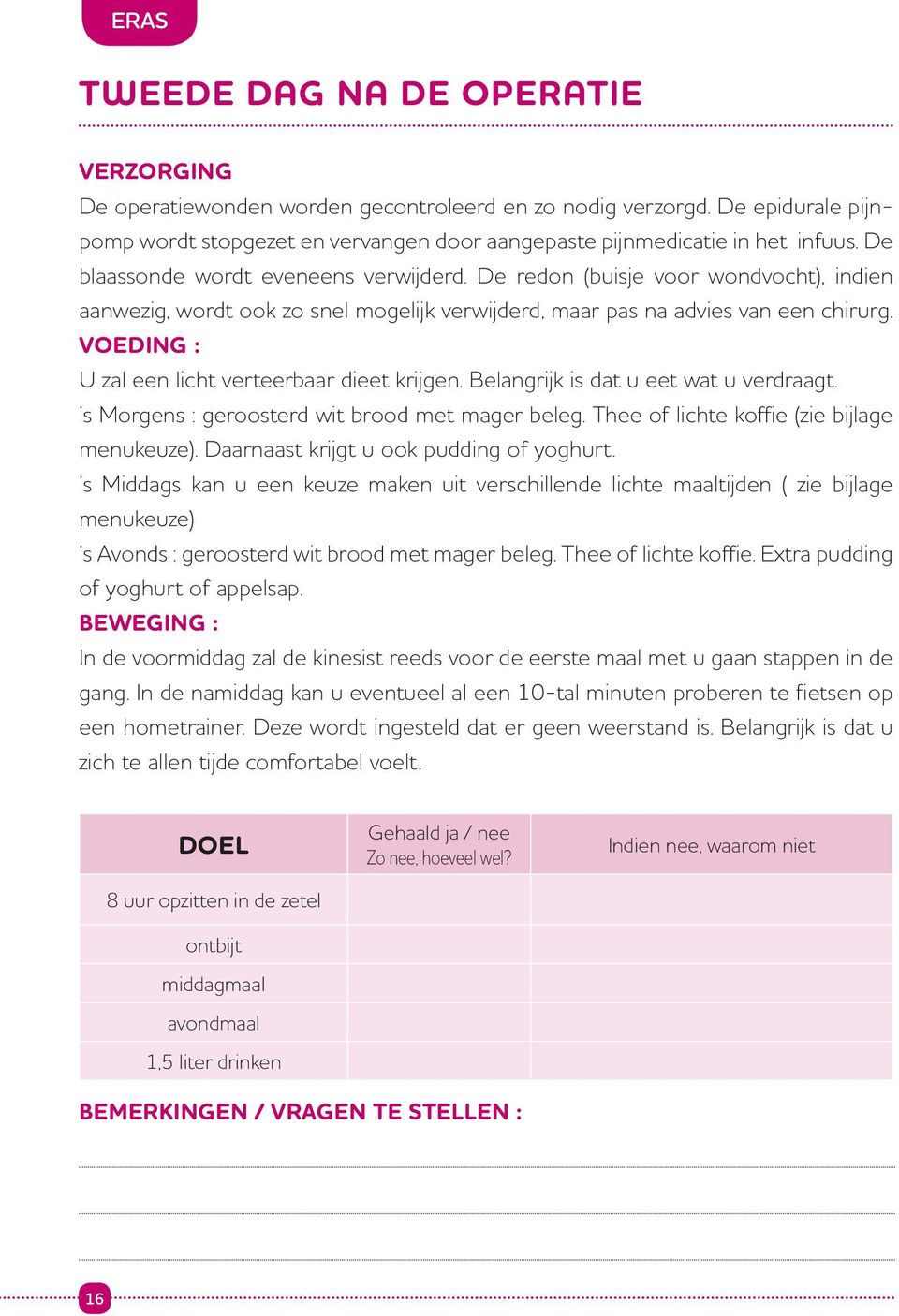 Voeding : U zal een licht verteerbaar dieet krijgen. Belangrijk is dat u eet wat u verdraagt. s Morgens : geroosterd wit brood met mager beleg. Thee of lichte koffie (zie bijlage menukeuze).