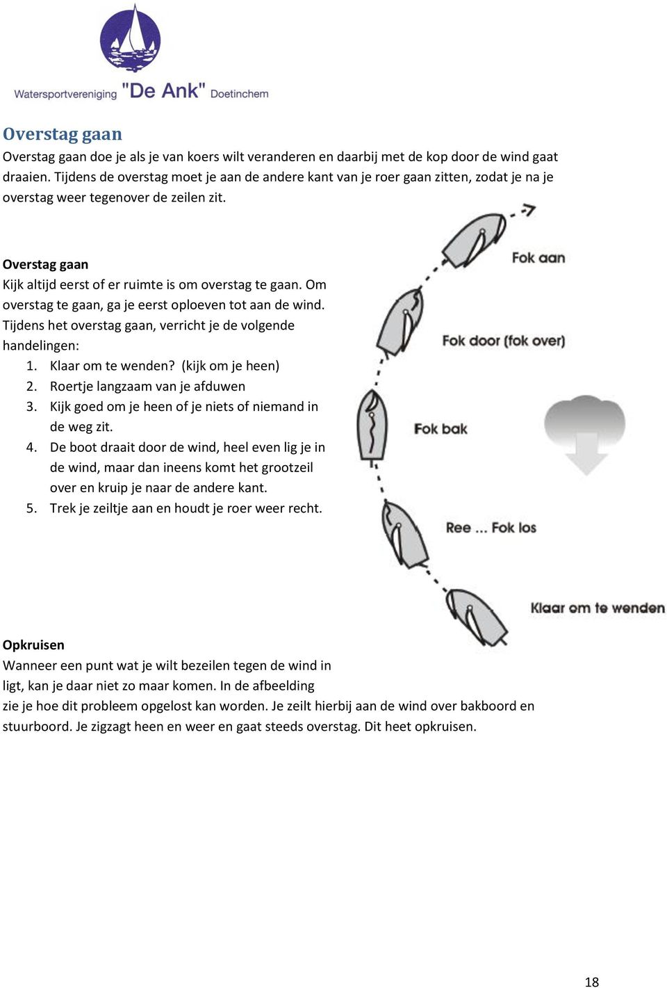 Om overstag te gaan, ga je eerst oploeven tot aan de wind. Tijdens het overstag gaan, verricht je de volgende handelingen: 1. Klaar om te wenden? (kijk om je heen) 2.