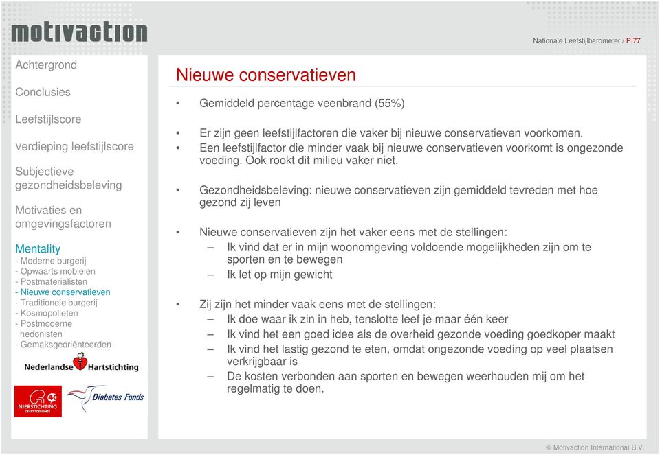 - Nieuwe conservatieven - Traditionele burgerij - Kosmopolieten - Postmoderne hedonisten - Gemaksgeoriënteerden Nieuwe conservatieven Gemiddeld percentage veenbrand (55%) Er zijn geen