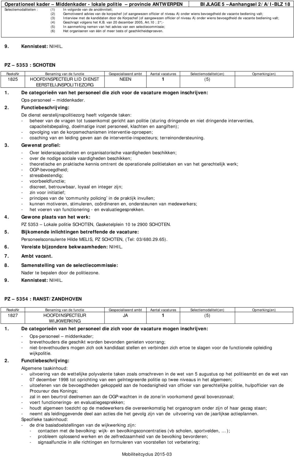 De categorieën van het personeel die zich voor de vacature mogen inschrijven: Ops-personeel middenkader.