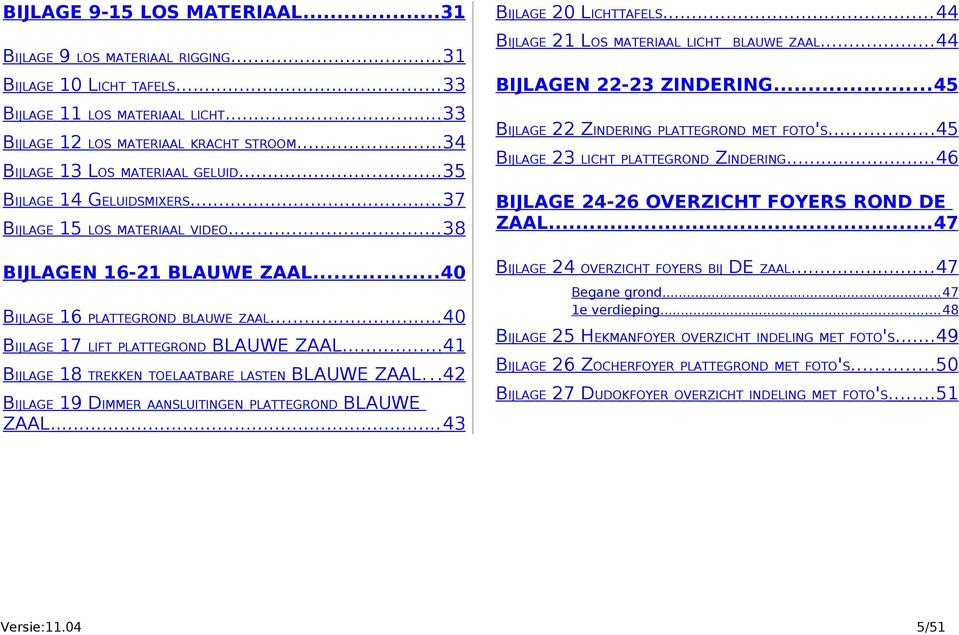 .. 4 BIJLAGE 7 LIFT PLATTEGROND BIJLAGE 8 TREKKEN TOELAATBARE LASTEN BLAUWE ZAAL...4 BLAUWE ZAAL...4 BIJLAGE 9 DIMMER AANSLUITINGEN PLATTEGROND BLAUWE ZAAL... 43 Versie:.4 BIJLAGE LICHTTAFELS.