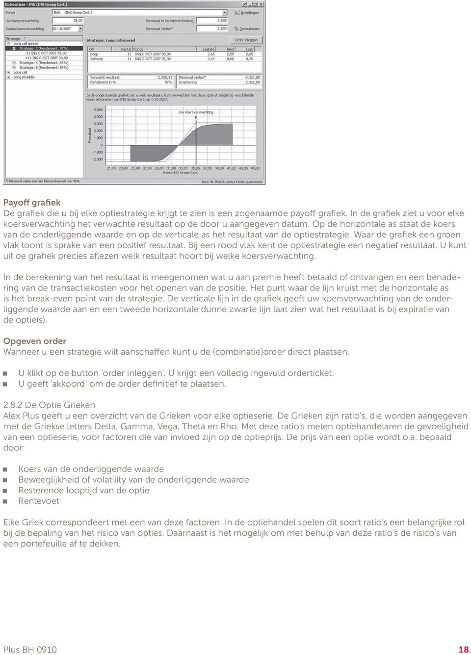 Bij ee rood vlak ket de optiestrategie ee egatief resultaat. U kut uit de grafiek precies afleze welk resultaat hoort bij welke koersverwachtig.