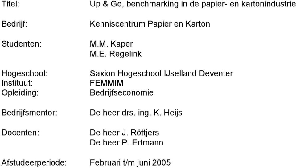 E. Regelink Saxion Hogeschool IJselland Deventer FEMMIM Bedrijfseconomie De heer drs. ing.