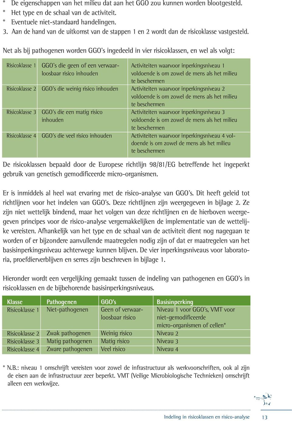 Net als bij pathogenen worden GGO s ingedeeld in vier risicoklassen, en wel als volgt: Risicoklasse 1 GGO s die geen of een verwaar- Activiteiten waarvoor inperkingsniveau 1 loosbaar risico inhouden