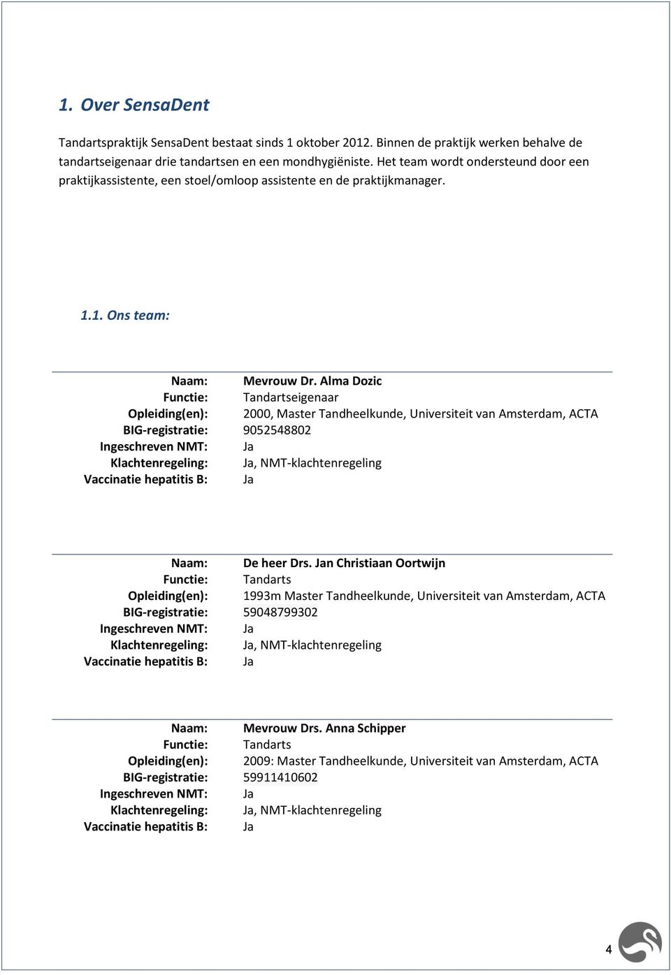 Alma Dozic Functie: Tandartseigenaar Opleiding(en): 2000, Master Tandheelkunde, Universiteit van Amsterdam, ACTA BIG-registratie: 9052548802 Ingeschreven NMT: Ja Klachtenregeling: Ja,