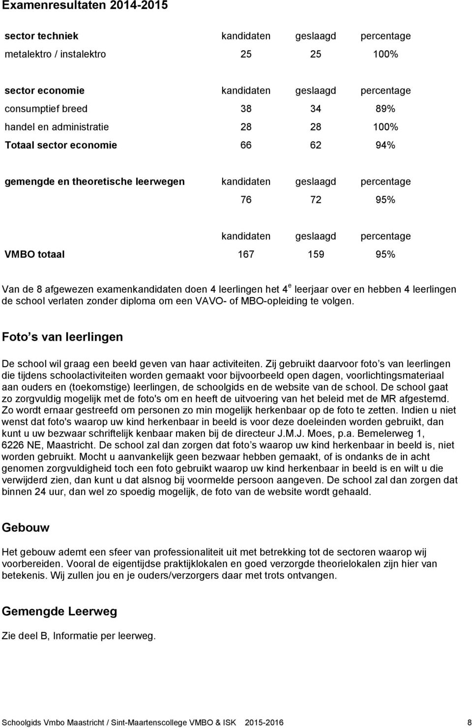 afgewezen examenkandidaten doen 4 leerlingen het 4 e leerjaar over en hebben 4 leerlingen de school verlaten zonder diploma om een VAVO- of MBO-opleiding te volgen.