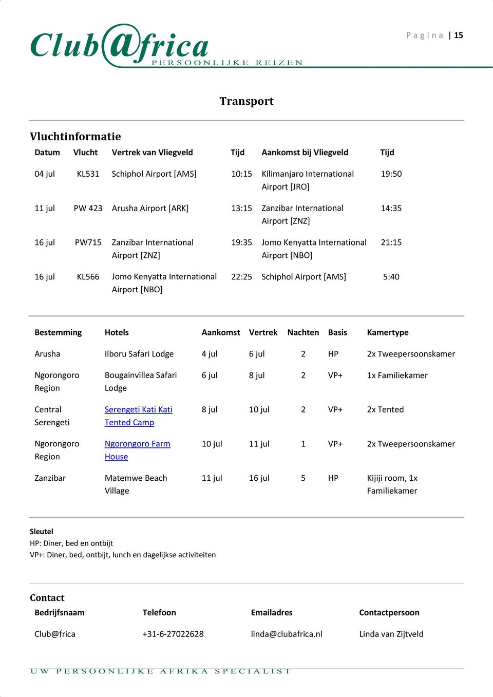 Jomo Kenyatta International Airport [NBO] 22:25 Schiphol Airport [AMS] 5:40 Bestemming Hotels Aankomst Vertrek Nachten Basis Kamertype Arusha Ilboru Safari Lodge 4 jul 6 jul 2 HP 2x Tweepersoonskamer