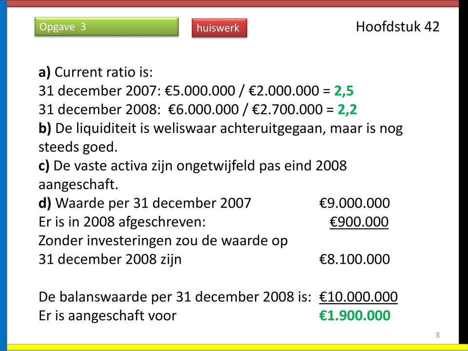 c) De vaste activa zijn ongetwijfeld pas eind 2008 aangeschaft. d) Waarde per 31 december 2007 9.000.