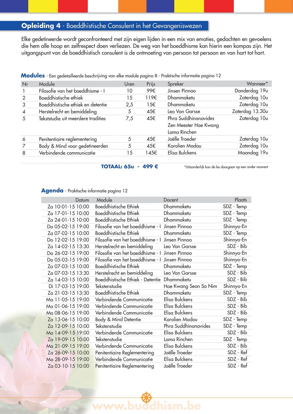 Modules - Een gedetailleerde beschrijving van elke module pagina 8 - Praktische informatie pagina 12 Nr Module Uren Prijs Spreker Wanneer* 1 Filosofie van het boeddhisme - I 10 99 Jinsen Pinnoo