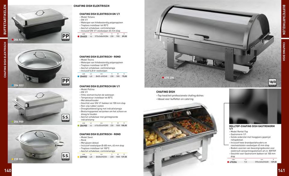 instelbaar tot 85 C Aan/uit schakelaar, controlelampje Inclusief 6,8 ltr voedselpan 204832 Lit V W 6,8 Ø405 x(h)248 230 500 75,00 470 206 Buffetartikelen chafing DiSh 204 832 204 900 239 902 chafing