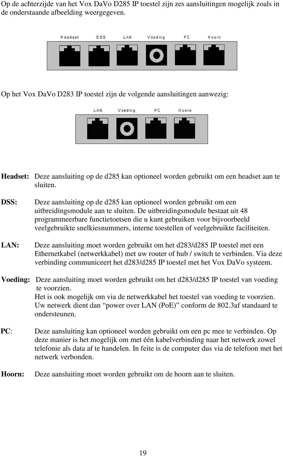 DSS: LAN: Deze aansluiting op de d285 kan optioneel worden gebruikt om een uitbreidingsmodule aan te sluiten.