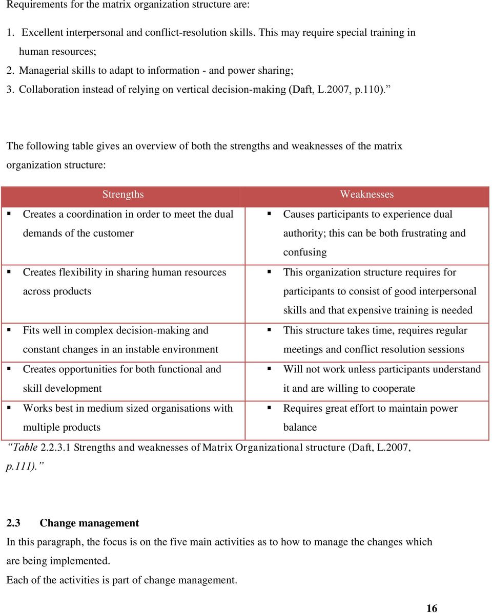 The following table gives an overview of both the strengths and weaknesses of the matrix organization structure: Strengths Weaknesses Creates a coordination in order to meet the dual demands of the