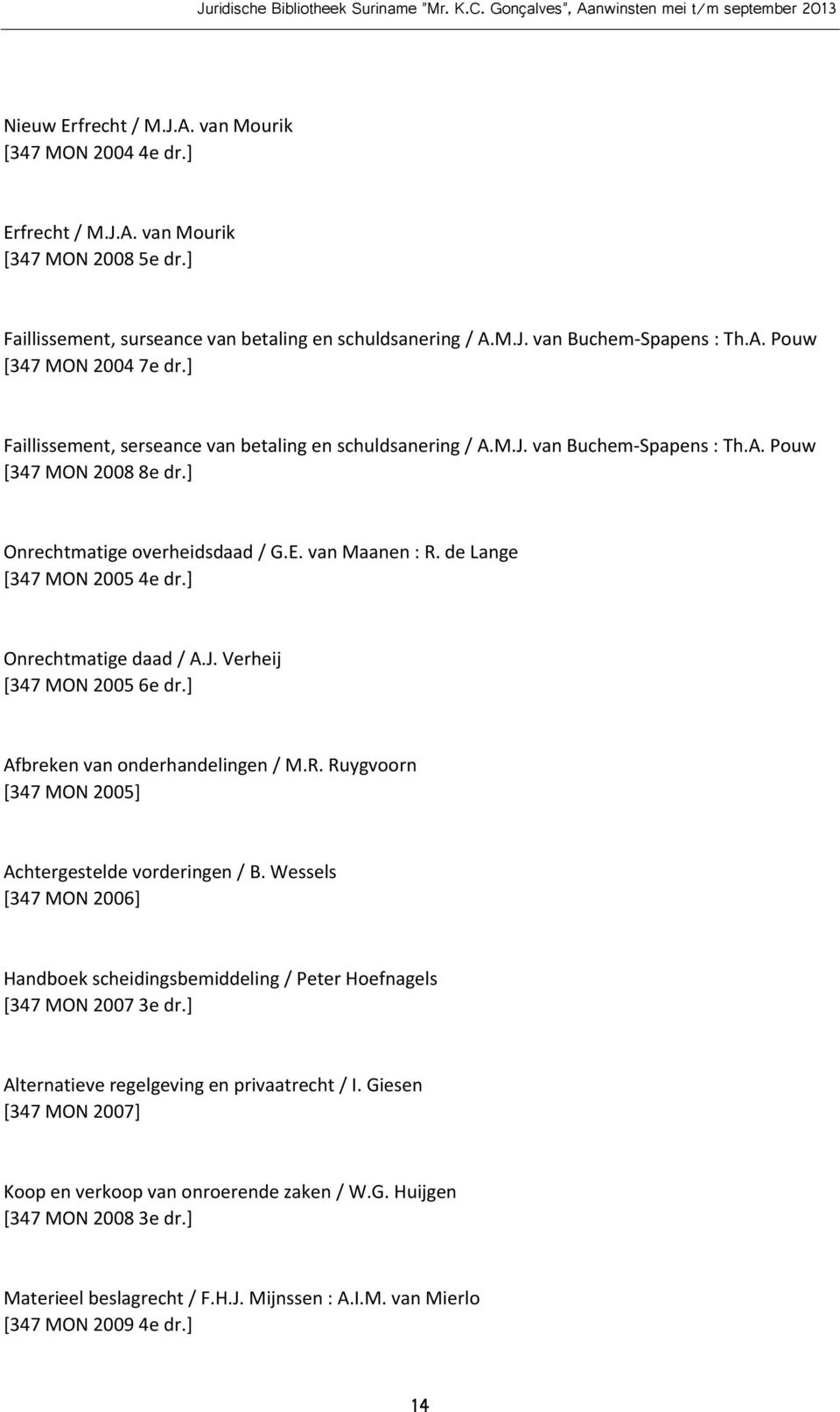 de Lange [347 MON 2005 4e dr.] Onrechtmatige daad / A.J. Verheij [347 MON 2005 6e dr.] Afbreken van onderhandelingen / M.R. Ruygvoorn [347 MON 2005] Achtergestelde vorderingen / B.