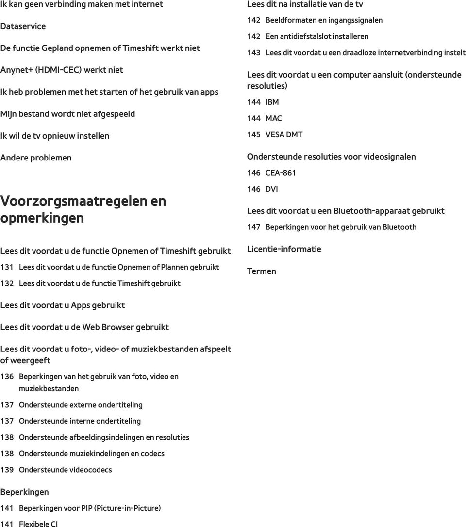 voordat u een draadloze internetverbinding instelt Lees dit voordat u een computer aansluit (ondersteunde resoluties) 144 IBM 144 MAC 145 VESA DMT Ondersteunde resoluties voor videosignalen 146