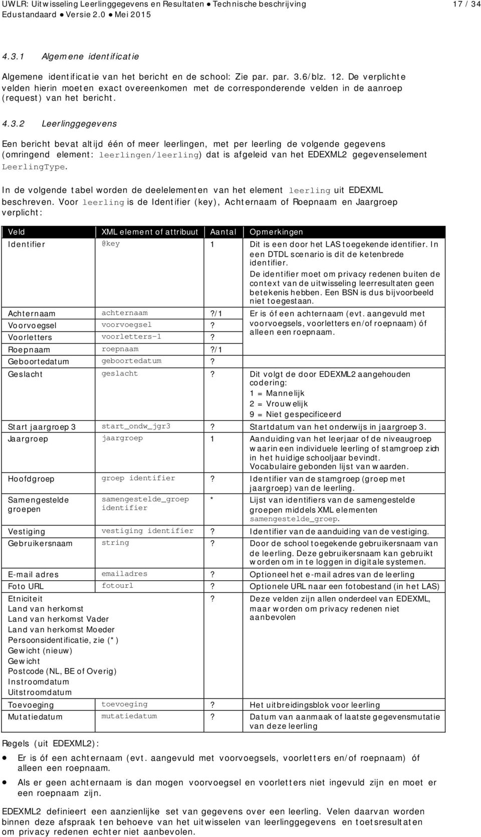 2 Leerlinggegevens Een bericht bevat altijd één of meer leerlingen, met per leerling de volgende gegevens (omringend element: leerlingen/leerling) dat is afgeleid van het EDEXML2 gegevenselement