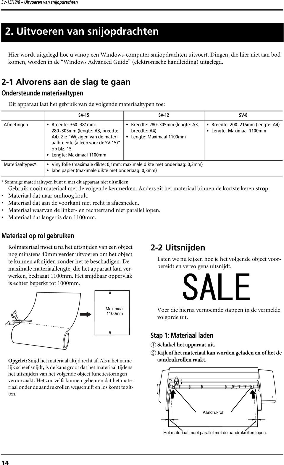 2-1 Alvorens aan de slag te gaan Ondersteunde materiaaltypen Dit apparaat laat het gebruik van de volgende materiaaltypen toe: SV-15 SV-12 SV-8 Afmetingen Breedte: 360~381mm; 280~305mm (lengte: A3,