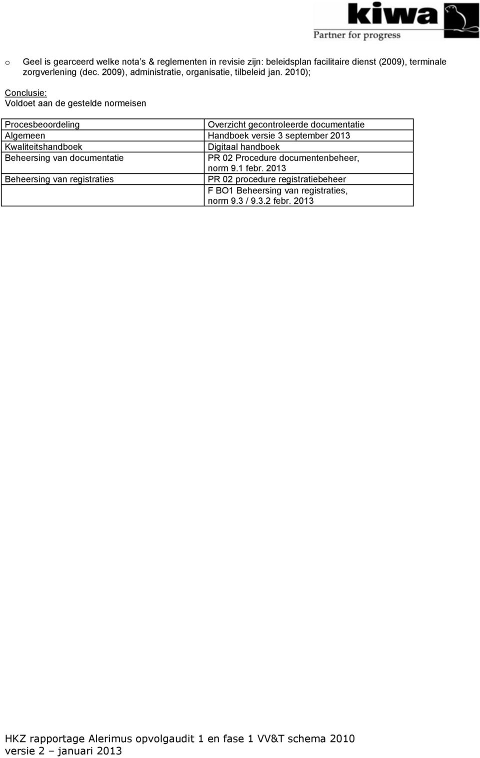 2010); Conclusie: Voldoet aan de gestelde normeisen Procesbeoordeling Overzicht gecontroleerde documentatie Algemeen Handboek versie 3