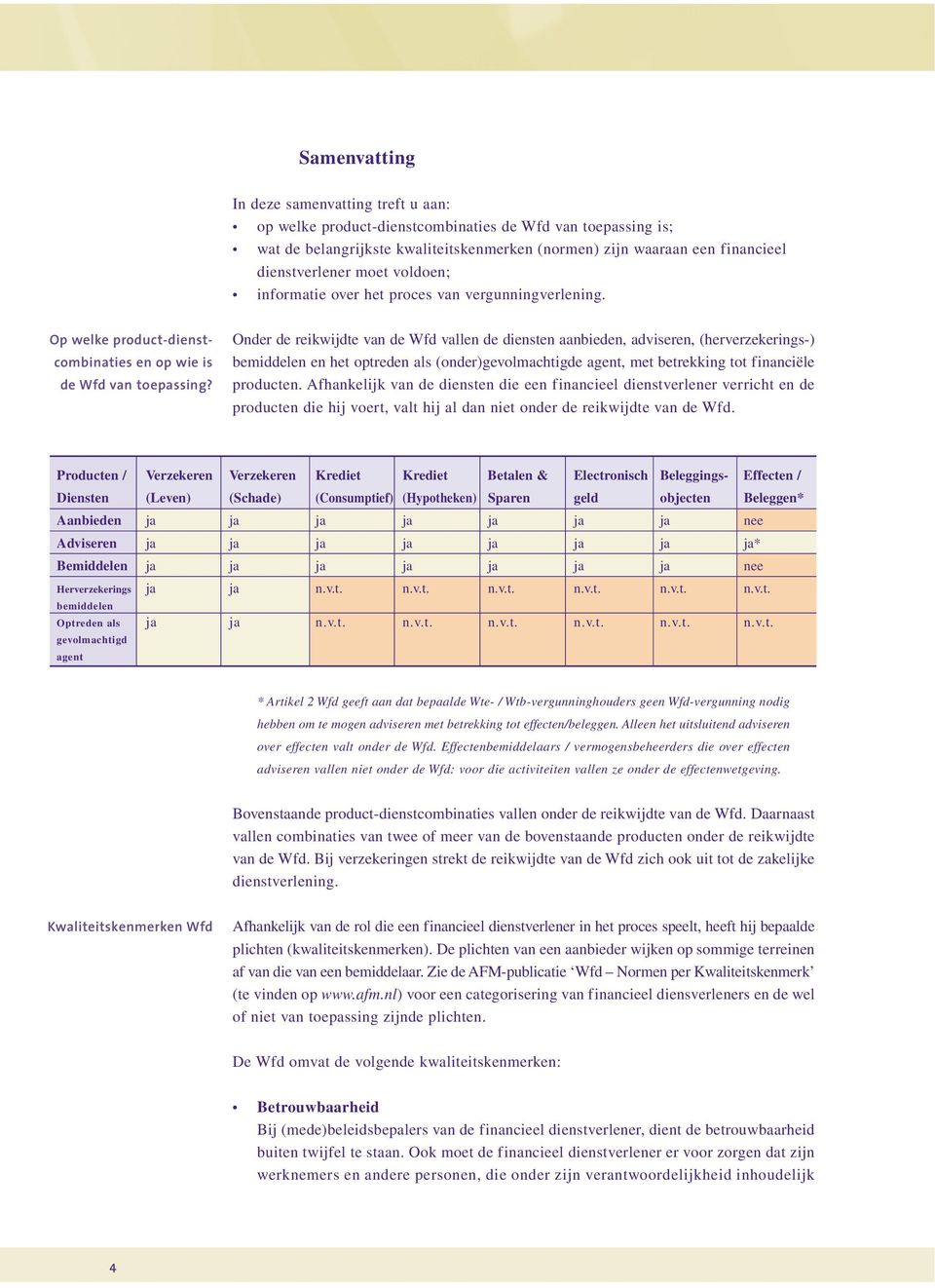 Onder de reikwijdte van de Wfd vallen de diensten aanbieden, adviseren, (herverzekerings-) bemiddelen en het optreden als (onder)gevolmachtigde agent, met betrekking tot financiële producten.