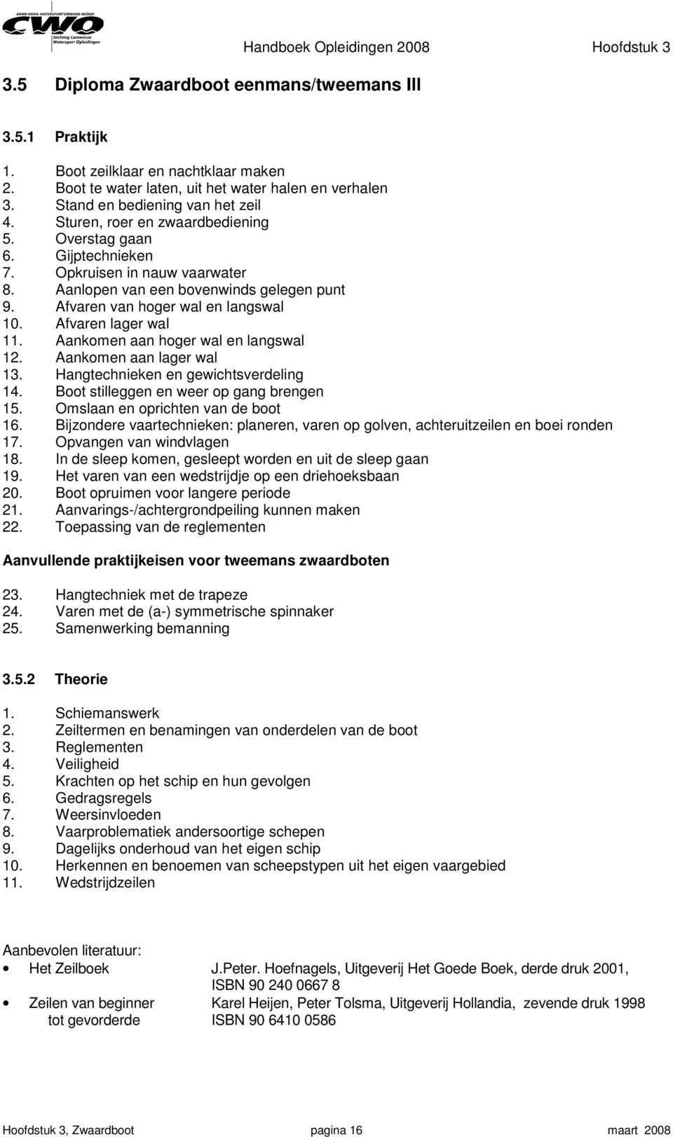 Afvaren van hoger wal en langswal 10. Afvaren lager wal 11. Aankomen aan hoger wal en langswal 12. Aankomen aan lager wal 13. Hangtechnieken en gewichtsverdeling 14.