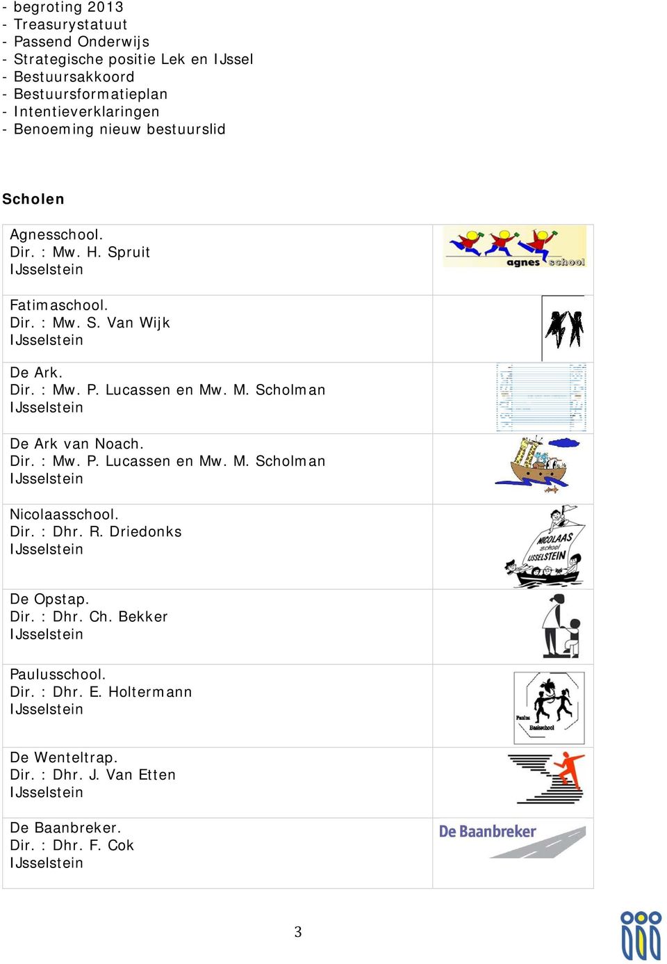 Dir. : Mw. P. Lucassen en Mw. M. Scholman IJsselstein Nicolaasschool. Dir. : Dhr. R. Driedonks IJsselstein De Opstap. Dir. : Dhr. Ch. Bekker IJsselstein Paulusschool.