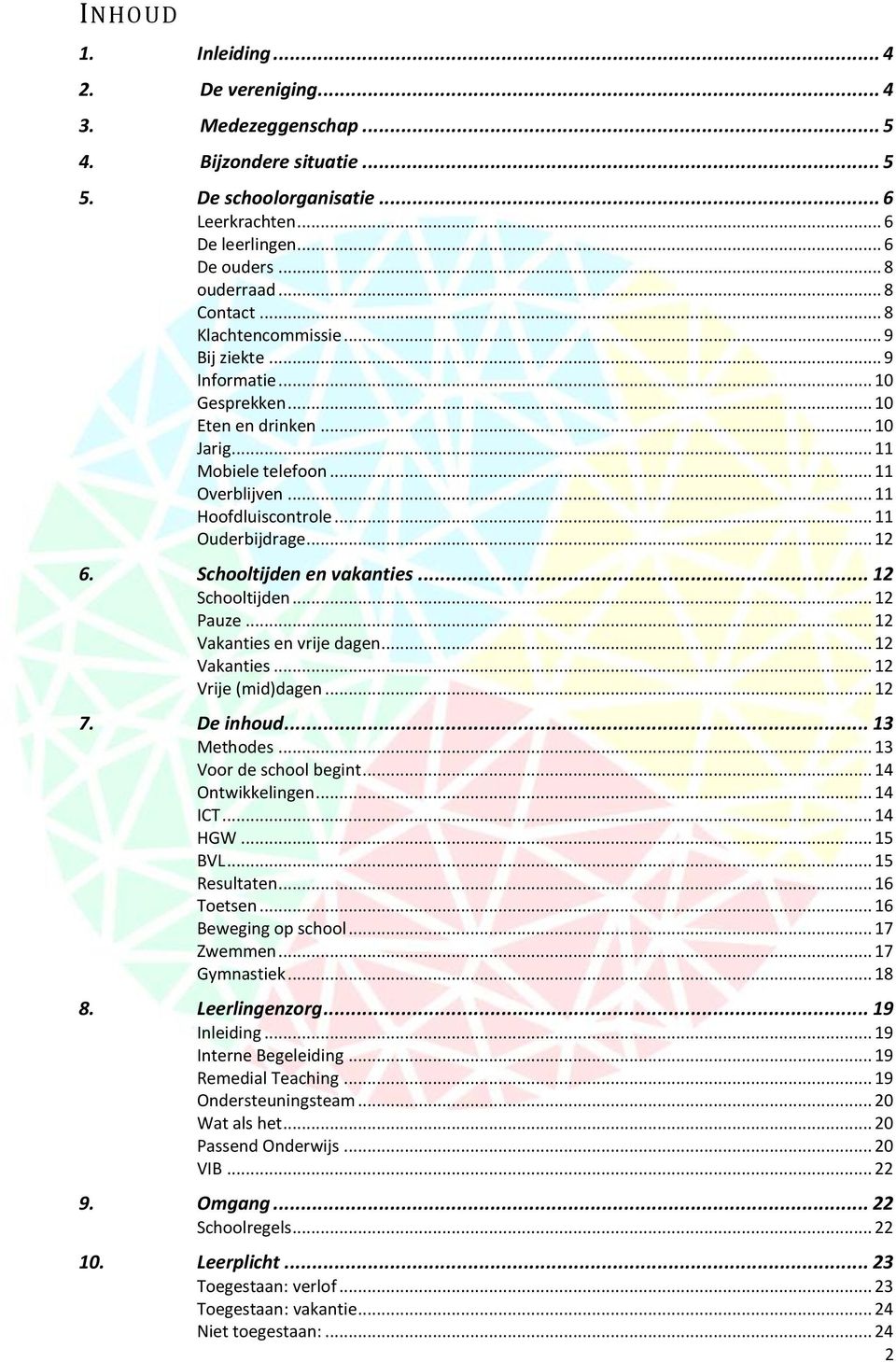 .. 11 Ouderbijdrage... 12 6. Schooltijden en vakanties... 12 Schooltijden... 12 Pauze... 12 Vakanties en vrije dagen... 12 Vakanties... 12 Vrije (mid)dagen... 12 7. De inhoud... 13 Methodes.