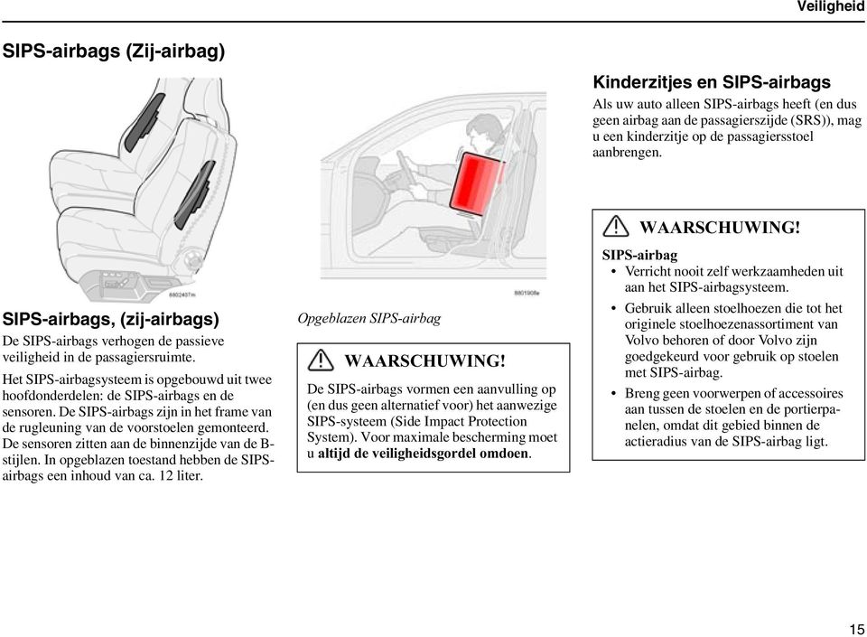 Het SIPS-airbagsysteem is opgebouwd uit twee hoofdonderdelen: de SIPS-airbags en de sensoren. De SIPS-airbags zijn in het frame van de rugleuning van de voorstoelen gemonteerd.