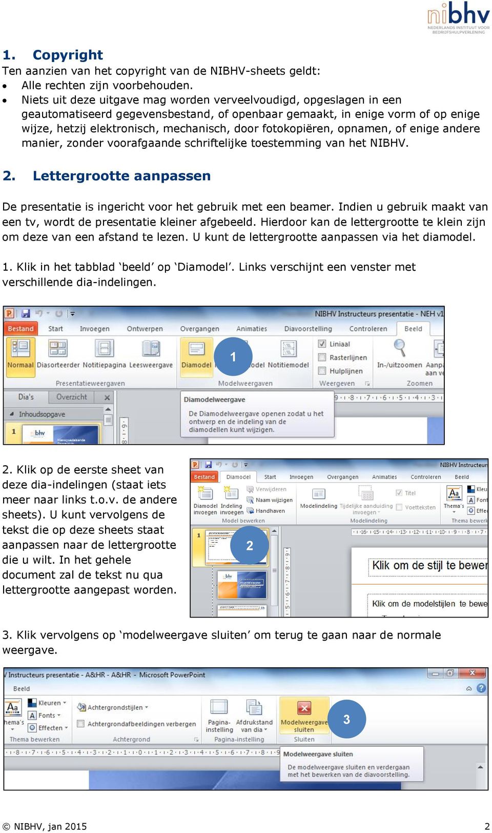 fotokopiëren, opnamen, of enige andere manier, zonder voorafgaande schriftelijke toestemming van het NIBHV. 2. Lettergrootte aanpassen De presentatie is ingericht voor het gebruik met een beamer.