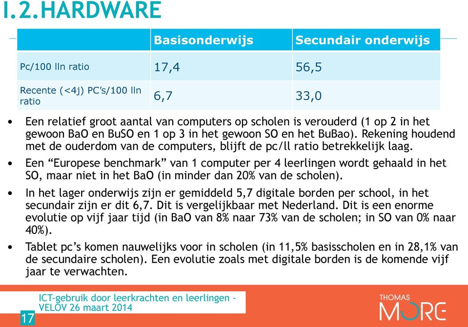 Een Europese benchmark van 1 computer per 4 leerlingen wordt gehaald in het SO, maar niet in het BaO (in minder dan 20% van de scholen).