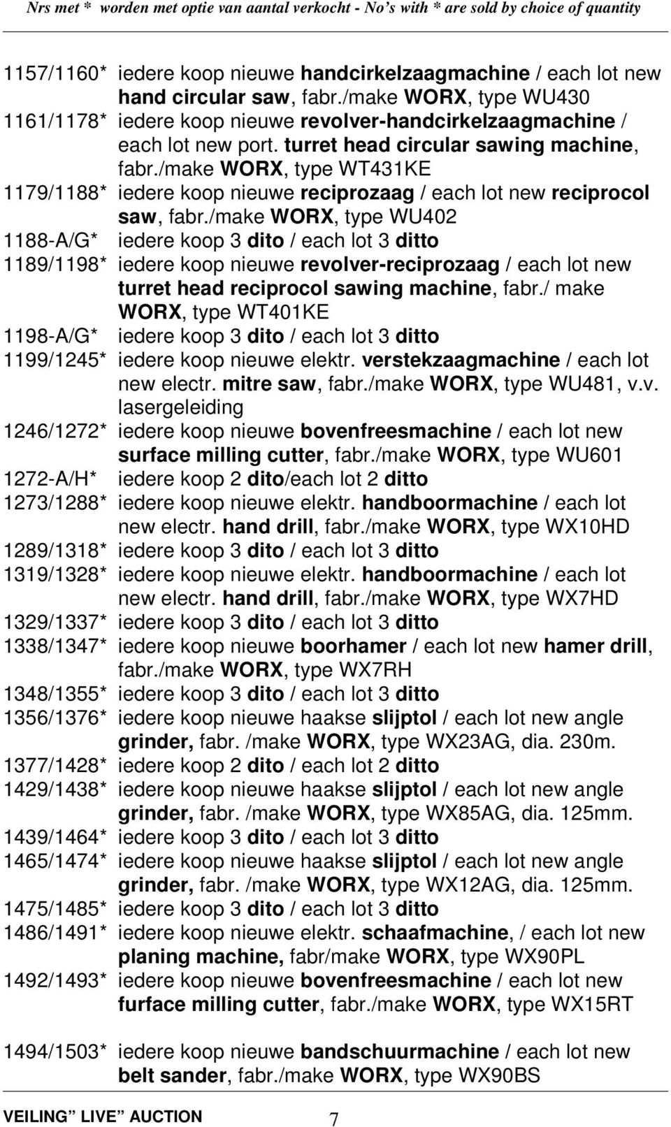 /make WORX, type WU402 1188-A/G* iedere koop 3 dito / each lot 3 ditto 1189/1198* iedere koop nieuwe revolver-reciprozaag / each lot new turret head reciprocol sawing machine, fabr.