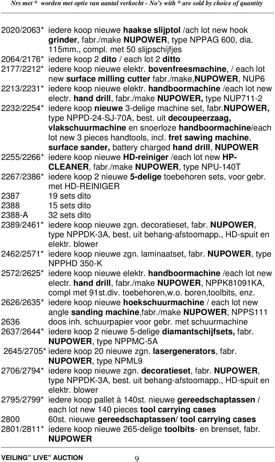 /make,nupower, NUP6 2213/2231* iedere koop nieuwe elektr. handboormachine /each lot new electr. hand drill, fabr./make NUPOWER, type NUP711-2 2232/2254* iedere koop nieuwe 3-delige machine set, fabr.