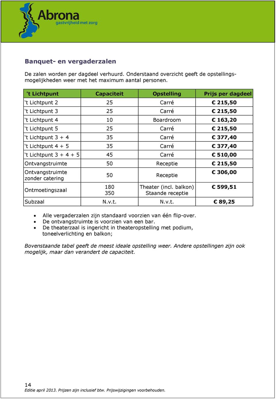 Carré 377,40 t Lichtpunt 4 + 5 35 Carré 377,40 t Lichtpunt 3 + 4 + 5 45 Carré 510,00 Ontvangstruimte 50 Receptie 215,50 Ontvangstruimte zonder catering Ontmoetingszaal 50 Receptie 180 350 Theater