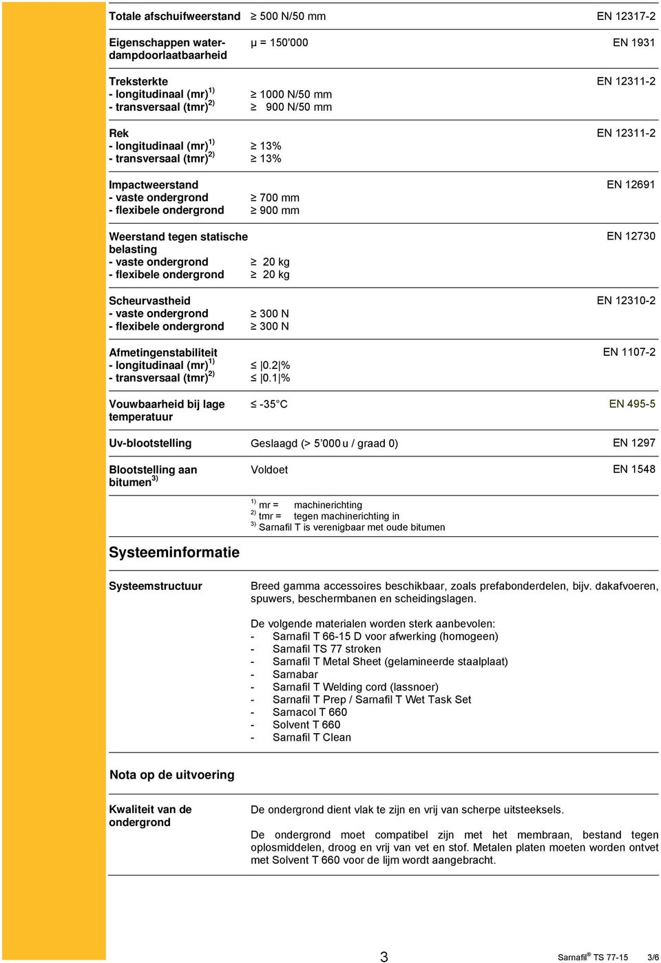 vaste ondergrond 20 kg - flexibele ondergrond 20 kg EN 12730 Scheurvastheid - vaste ondergrond - flexibele ondergrond 300 N 300 N EN 12310-2 Afmetingenstabiliteit - longitudinaal (mr) 1) -