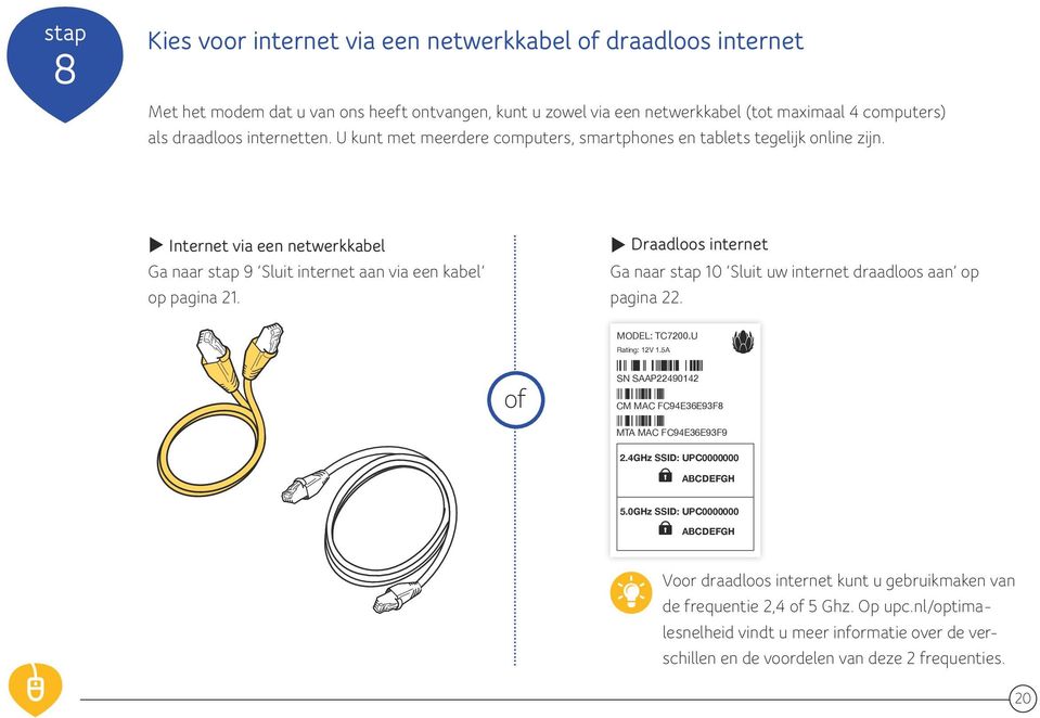 u Draadloos internet Ga naar stap 10 Sluit uw internet draadloos aan op pagina 22. MODEL: TC7200.U Rating: 12V 1.5A of SN SAAP22490142 CM MAC FC94E36E93F8 MTA MAC FC94E36E93F9 2.