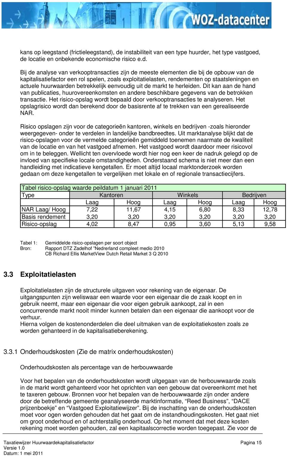 , de instabiliteit van een type huurder, het type vastgoed, de locatie en onbekende economische risico e.d. Bij de analyse van verkooptransacties zijn de meeste elementen die bij de opbouw van de