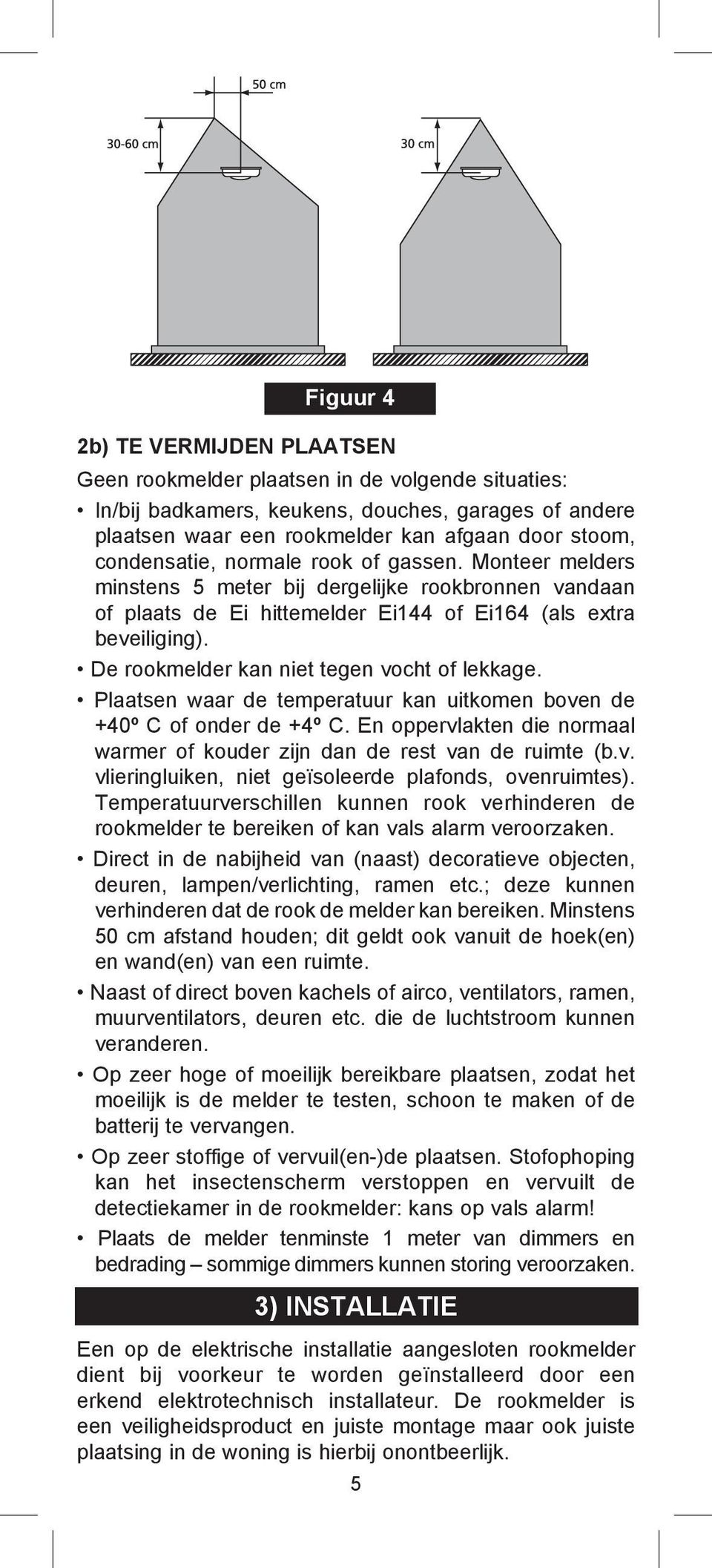 De rookmelder kan niet tegen vocht of lekkage. Plaatsen waar de temperatuur kan uitkomen boven de +40º C of onder de +4º C.