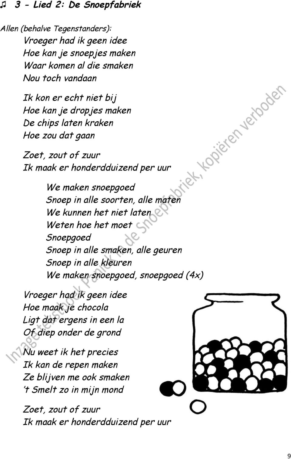 laten Weten hoe het moet Snoepgoed Snoep in alle smaken, alle geuren Snoep in alle kleuren We maken snoepgoed, snoepgoed (4x) Vroeger had ik geen idee Hoe maak je chocola Ligt dat