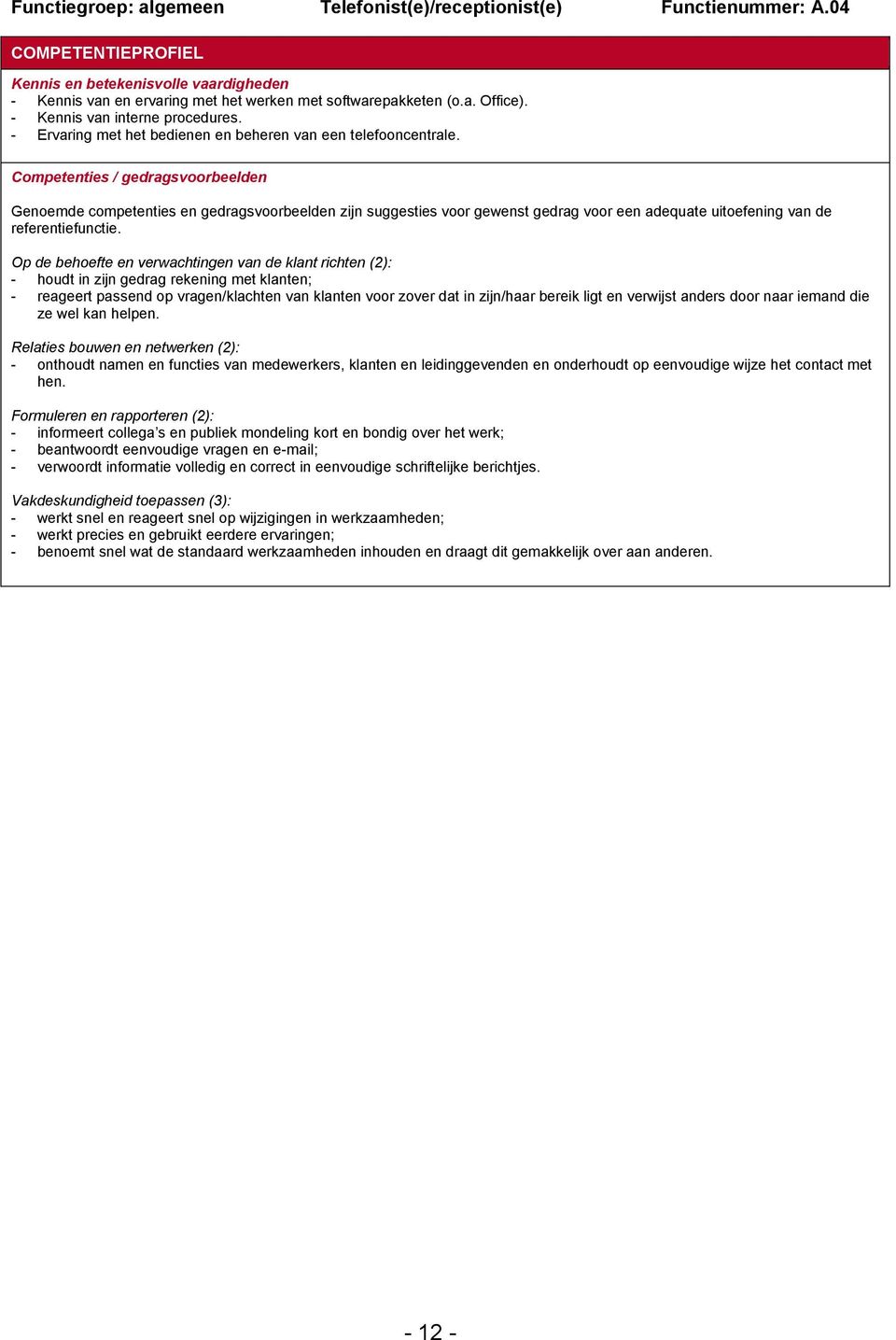 Competenties / gedragsvoorbeelden Genoemde competenties en gedragsvoorbeelden zijn suggesties voor gewenst gedrag voor een adequate uitoefening van de referentiefunctie.