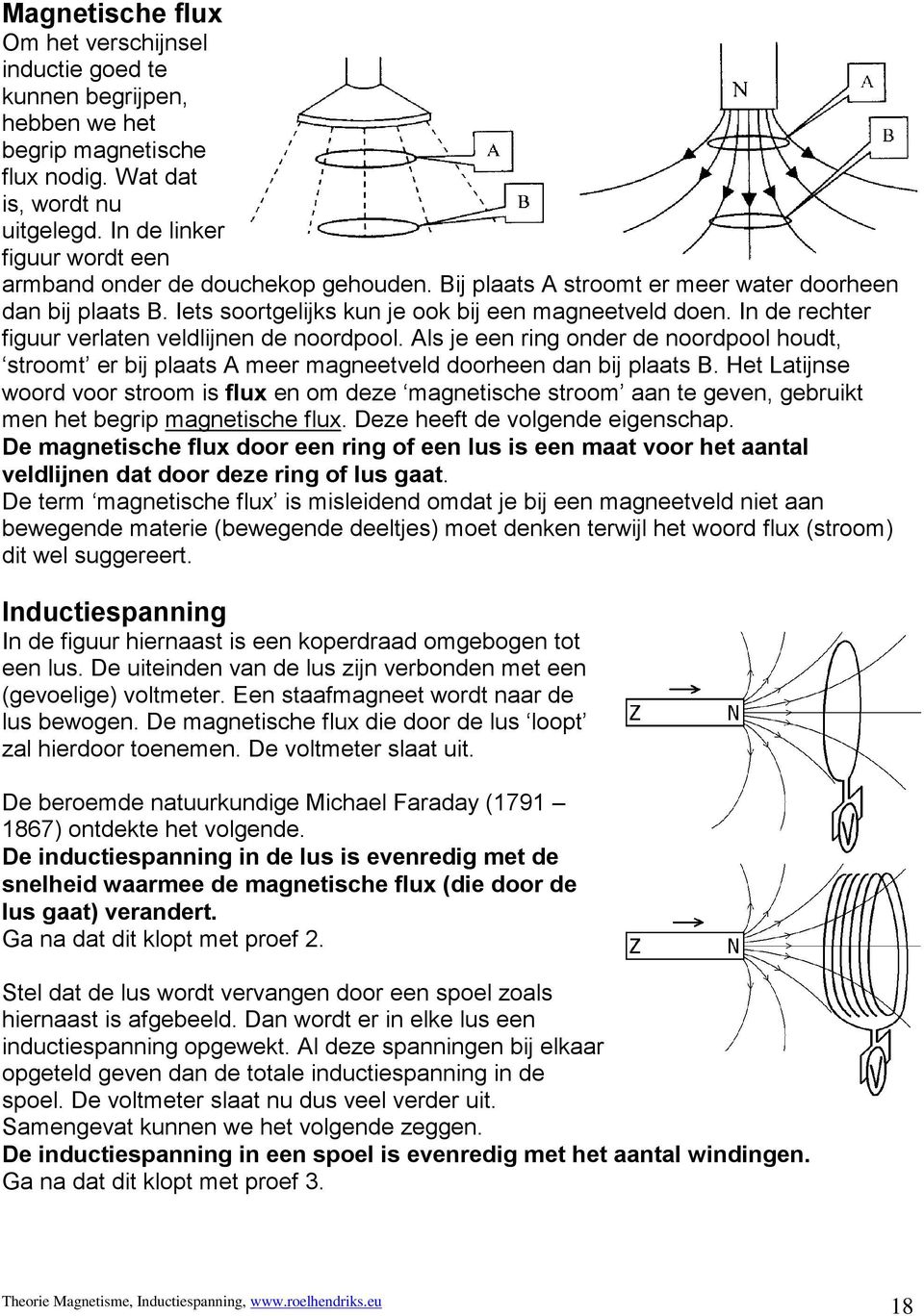 In de rechter figuur verlaten veldlijnen de noordpool. Als je een ring onder de noordpool houdt, stroomt er bij plaats A meer magneetveld doorheen dan bij plaats B.