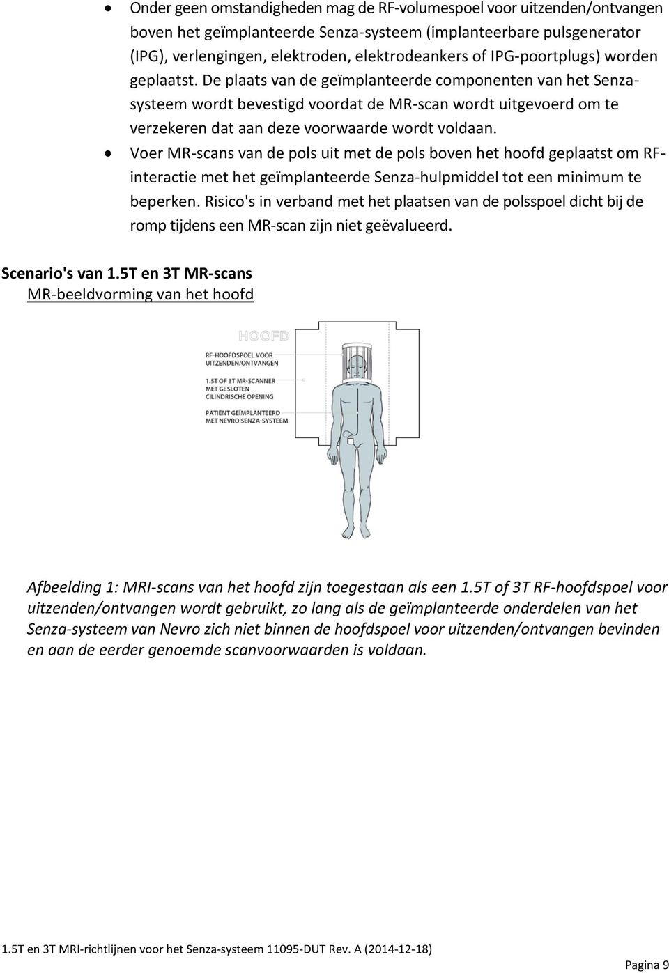 De plaats van de geïmplanteerde componenten van het Senzasysteem wordt bevestigd voordat de MR-scan wordt uitgevoerd om te verzekeren dat aan deze voorwaarde wordt voldaan.