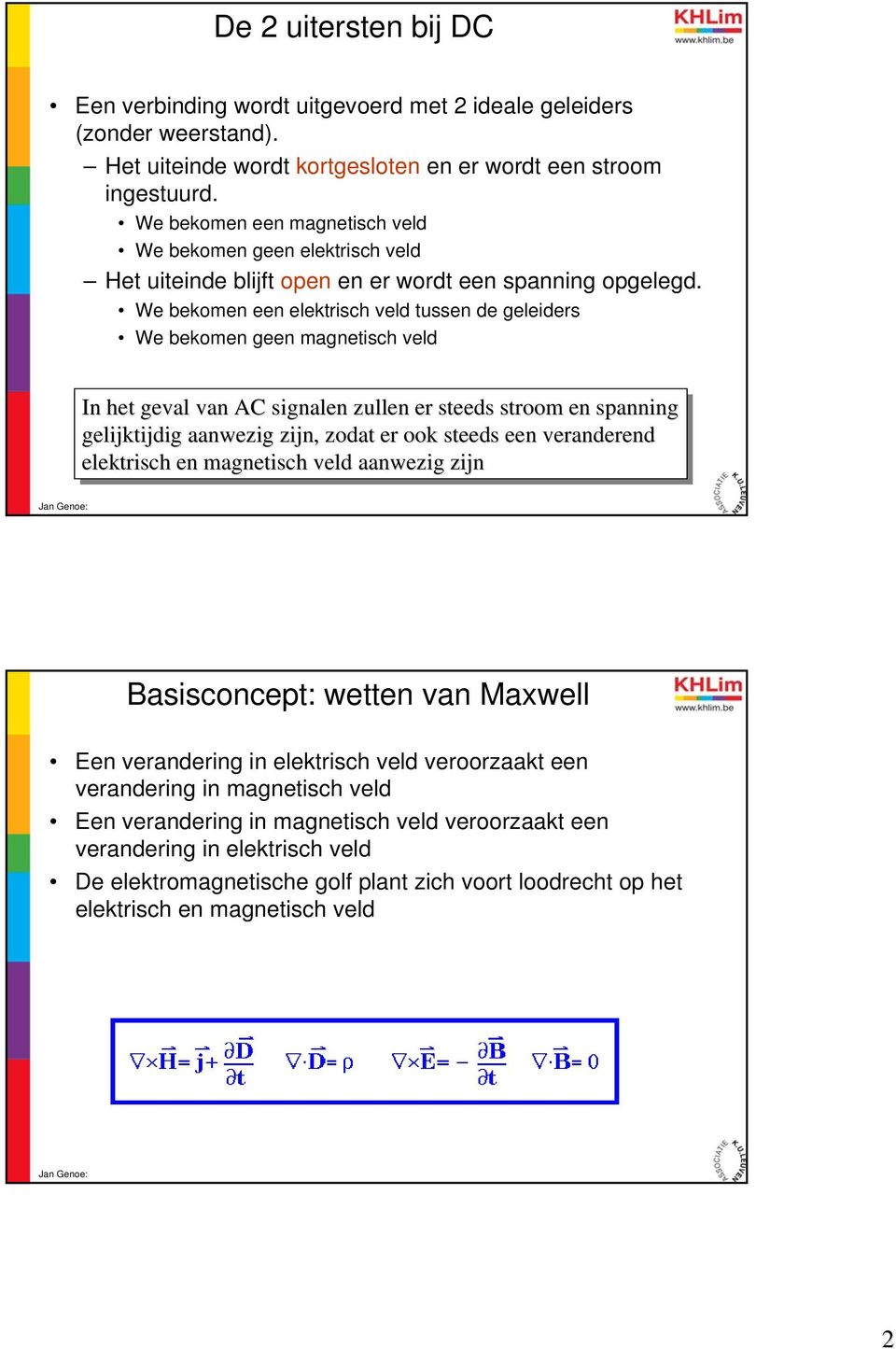 We bekomen een elektrisch veld tussen de geleiders We bekomen geen magnetisch veld In In het het geval van AC signalen zullen er er steeds stroom en en spanning gelijktijdig aanwezig zijn, zodat er