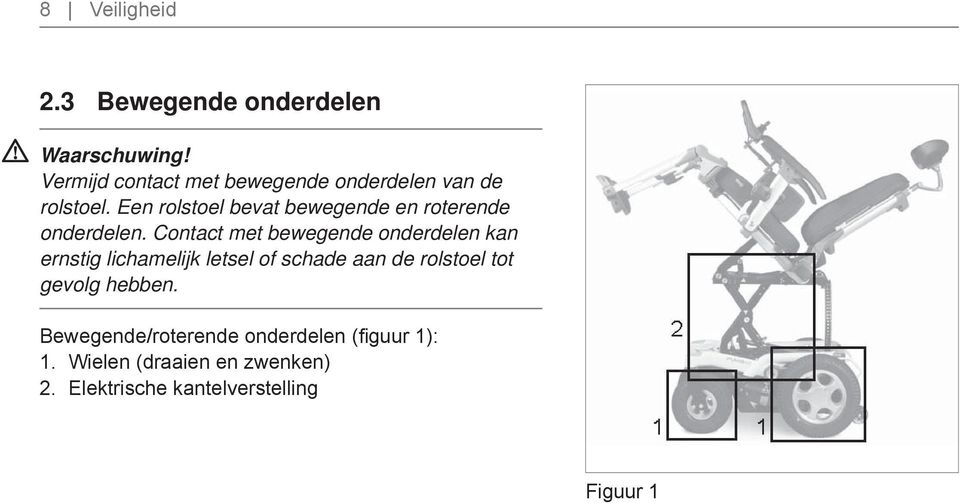 Een rolstoel bevat bewegende en roterende onderdelen.