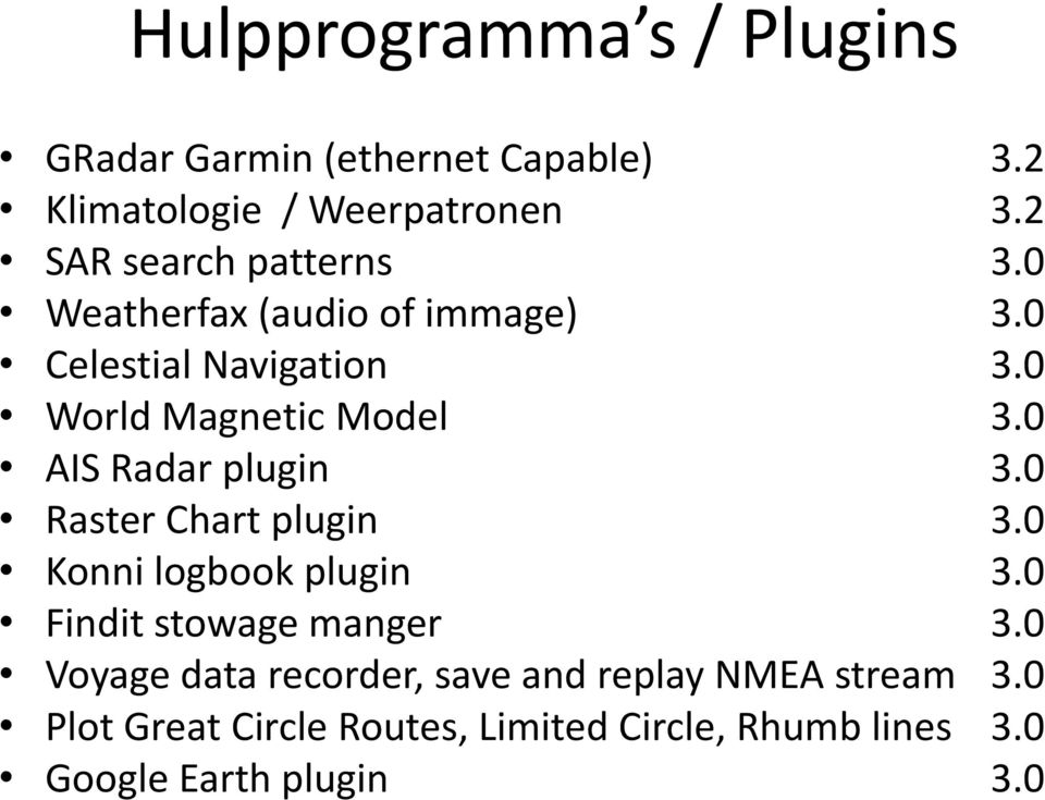 0 AIS Radar plugin 3.0 Raster Chart plugin 3.0 Konni logbook plugin 3.0 Findit stowage manger 3.