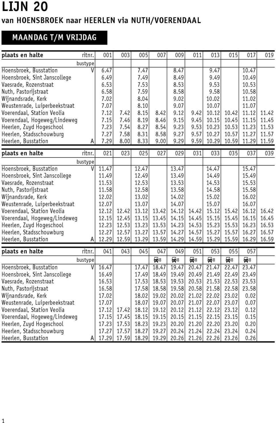 0.0 Weustenrade, Luiperbeekstraat 7.07 8.0 9.07 0.07.07 Voerendaal, Station Veolia 7. 7.4 8.5 8.4 9. 9.4 0. 0.4..4 Voerendaal, Hogeweg/Lindeweg 7.5 7.46 8.9 8.46 9.5 9.45 0.5 0.45.5.45 Heerlen, Zuyd Hogeschool 7.