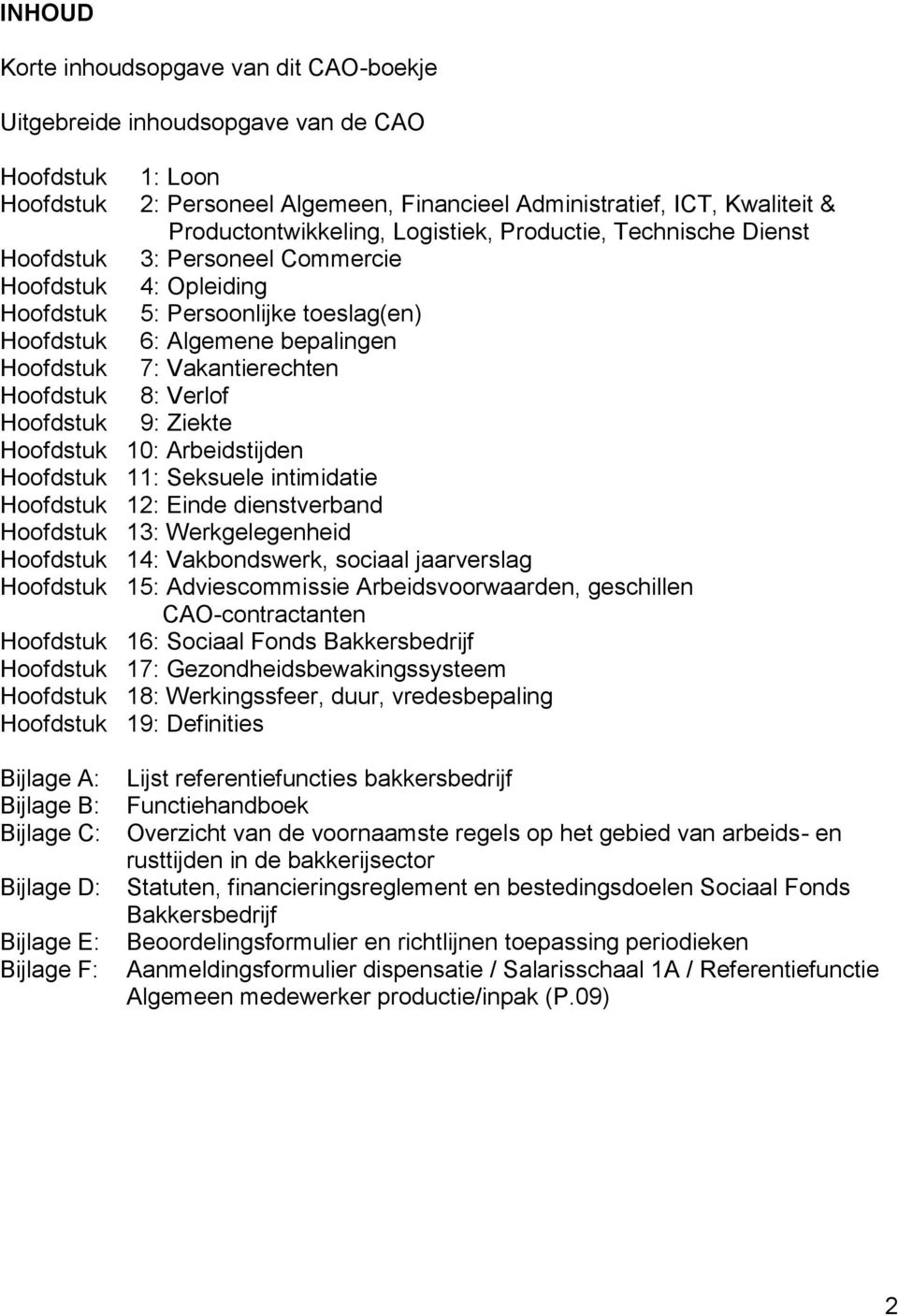 Hoofdstuk 8: Verlof Hoofdstuk 9: Ziekte Hoofdstuk 10: Arbeidstijden Hoofdstuk 11: Seksuele intimidatie Hoofdstuk 12: Einde dienstverband Hoofdstuk 13: Werkgelegenheid Hoofdstuk 14: Vakbondswerk,