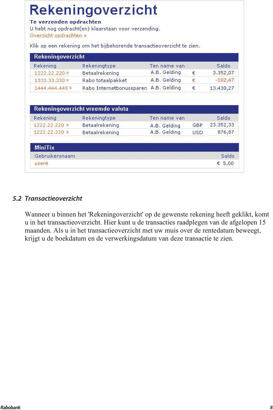 Hier kunt u de transacties raadplegen van de afgelopen 15 maanden.