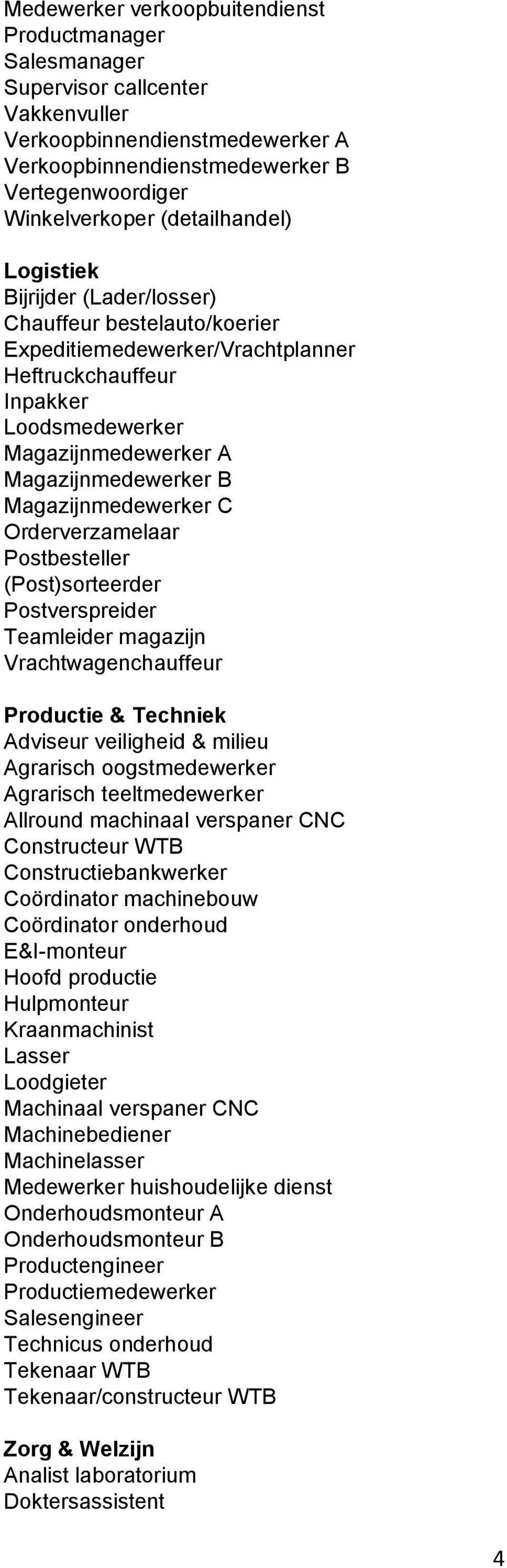 Magazijnmedewerker C Orderverzamelaar Postbesteller (Post)sorteerder Postverspreider Teamleider magazijn Vrachtwagenchauffeur Productie & Techniek Adviseur veiligheid & milieu Agrarisch