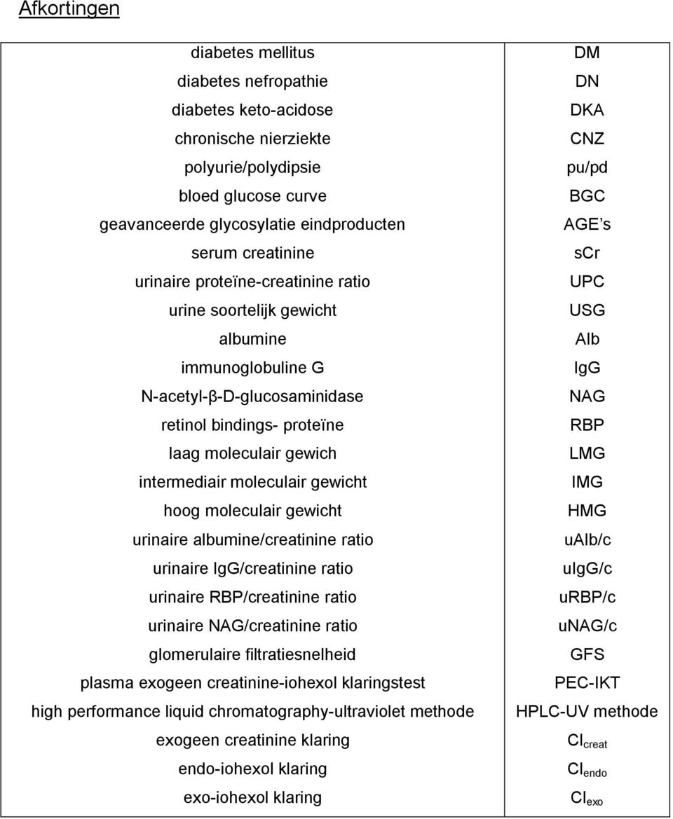 hoog moleculair gewicht urinaire albumine/creatinine ratio urinaire IgG/creatinine ratio urinaire RBP/creatinine ratio urinaire NAG/creatinine ratio glomerulaire filtratiesnelheid plasma exogeen